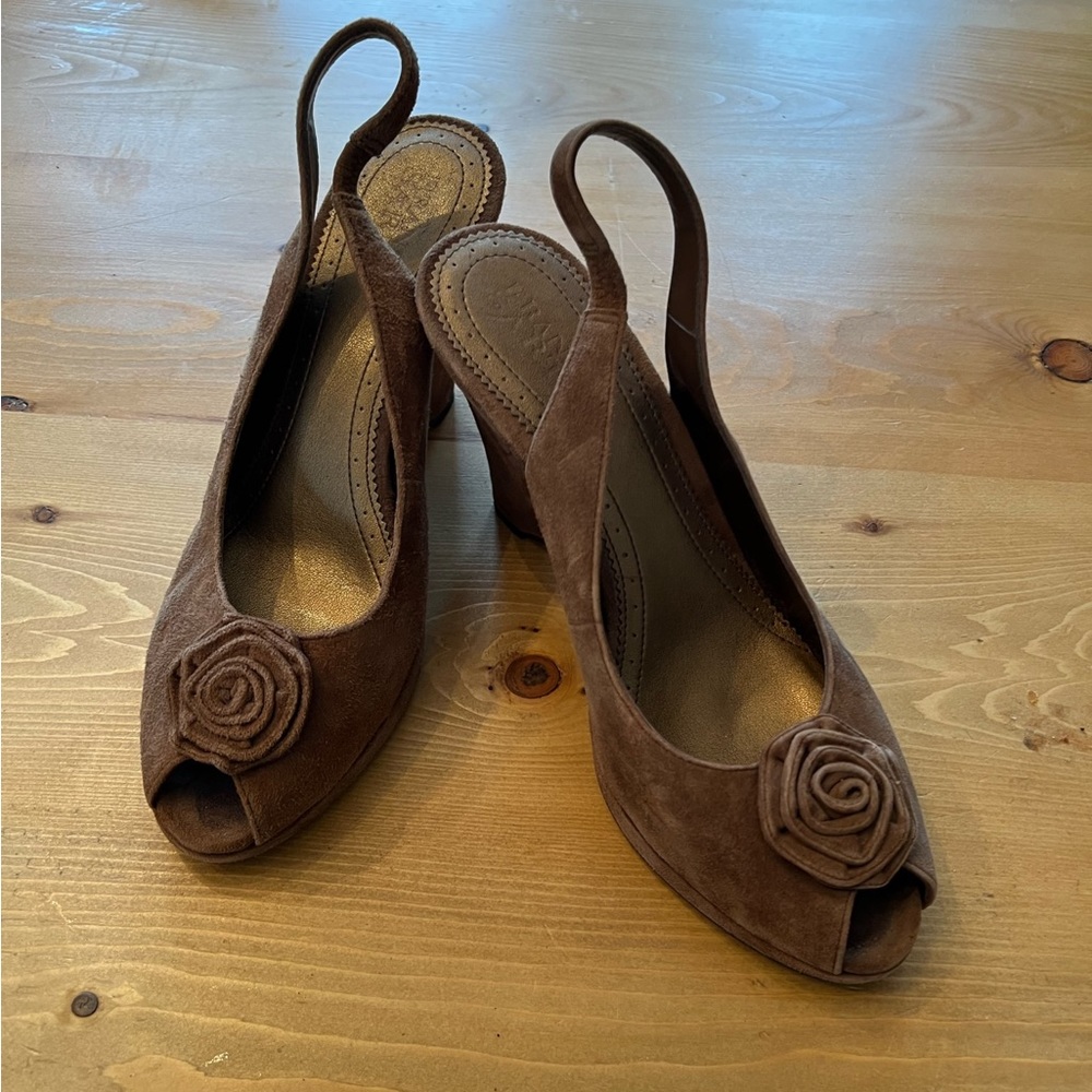 Franco Sarto Brown Suede Peep-Toe Slingback Heels with Rosette